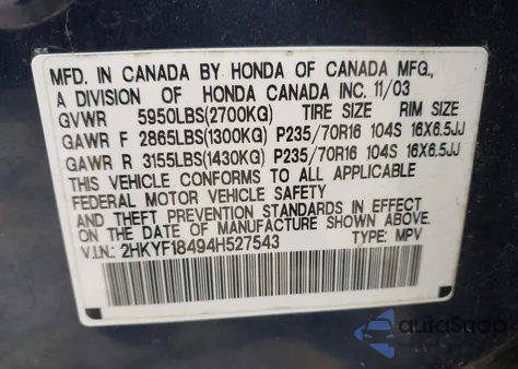 2004 Honda Pilot Ex z USA, uszkodzony, nr VIN 2HKYF18494H527543